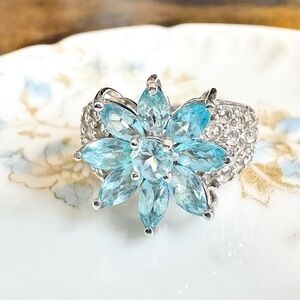 Aquamarine & White Topaz Platinum\Sterling Silver Ring (5.5)